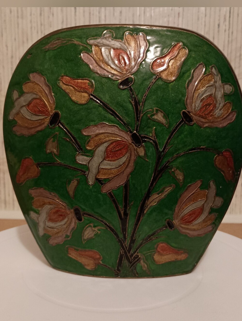 Vintage Indian Brass Enamel Floral Vase Green